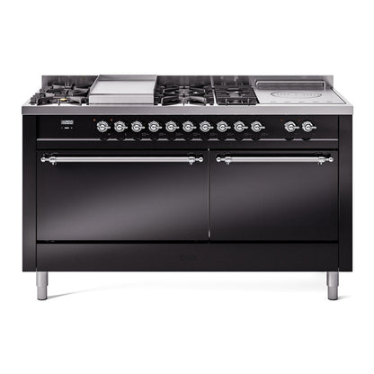 ILVE Nostalgie II 60-Inch Dual Fuel Range with 7 Sealed Burners + Griddle + French Top, 5.8 cu. ft. Oven, Glossy Black with Chrome Trim, Natural Gas, Solid Door, UP60FSQNMPBKC