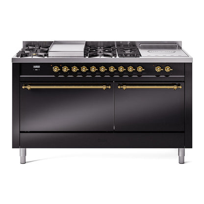 ILVE Nostalgie II 60-Inch Dual Fuel Range with 7 Sealed Burners + Griddle + French Top, 5.8 cu. ft. Oven, Glossy Black with Brass Trim, Liquid Propane, Solid Door, UP60FSQNMPBKGLP
