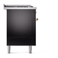 ILVE Nostalgie II 60-Inch Dual Fuel Range with 7 Sealed Burners + Griddle + French Top, 5.8 cu. ft. Oven, Glossy Black with Brass Trim, Liquid Propane, Solid Door, UP60FSQNMPBKGLP