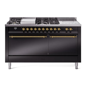 ILVE Nostalgie II 60-Inch Dual Fuel Range with 7 Sealed Burners + Griddle + French Top, 5.8 cu. ft. Oven, Glossy Black with Brass Trim, Natural Gas, Solid Door, UP60FSQNMPBKG