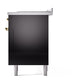 ILVE Nostalgie II 60-Inch Dual Fuel Range with 7 Sealed Burners + Griddle + French Top, 5.8 cu. ft. Oven, Glossy Black with Brass Trim, Natural Gas, Solid Door, UP60FSQNMPBKG
