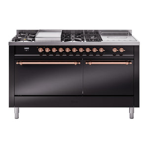 ILVE Nostalgie II 60-Inch Dual Fuel Range with 7 Sealed Burners + Griddle + French Top, 5.8 cu. ft. Oven, Glossy Black with Copper Trim, Natural Gas, Solid Door, UP60FSQNMPBKP