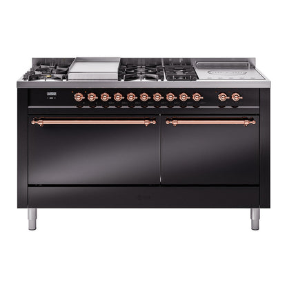 ILVE Nostalgie II 60-Inch Dual Fuel Range with 7 Sealed Burners + Griddle + French Top, 5.8 cu. ft. Oven, Glossy Black with Copper Trim, Natural Gas, Solid Door, UP60FSQNMPBKP