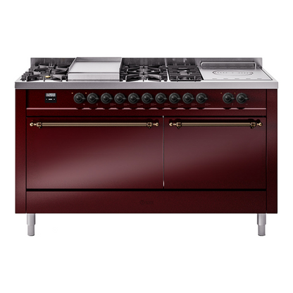 ILVE Nostalgie II 60-Inch Dual Fuel Range with 7 Sealed Burners + Griddle + French Top, 5.8 cu. ft. Oven, Burgundy with Burnished Trim, Liquid Propane, Solid Door, UP60FSQNMPBUBLP
