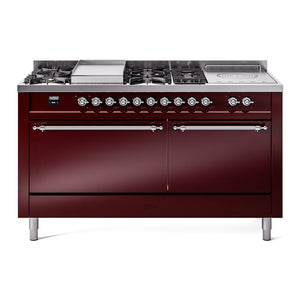 ILVE Nostalgie II 60-Inch Dual Fuel Range with 7 Sealed Burners + Griddle + French Top, 5.8 cu. ft. Oven, Burgundy with Chrome Trim, Natural Gas, Solid Door, UP60FSQNMPBUC