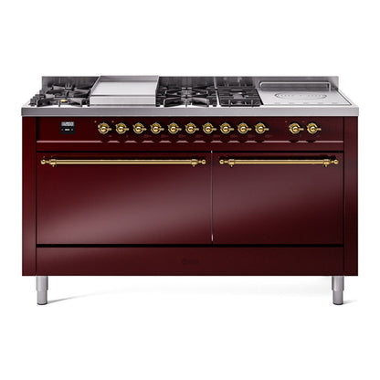 ILVE Nostalgie II 60-Inch Dual Fuel Range with 7 Sealed Burners + Griddle + French Top, 5.8 cu. ft. Oven, Burgundy with Brass Trim, Liquid Propane, Solid Door, UP60FSQNMPBUGLP