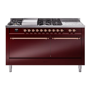 ILVE Nostalgie II 60-Inch Dual Fuel Range with 7 Sealed Burners + Griddle + French Top, 5.8 cu. ft. Oven, Burgundy with Copper Trim, Liquid Propane, Solid Door, UP60FSQNMPBUPLP