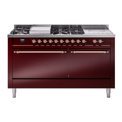 ILVE Nostalgie II 60-Inch Dual Fuel Range with 7 Sealed Burners + Griddle + French Top, 5.8 cu. ft. Oven, Burgundy with Copper Trim, Liquid Propane, Solid Door, UP60FSQNMPBUPLP