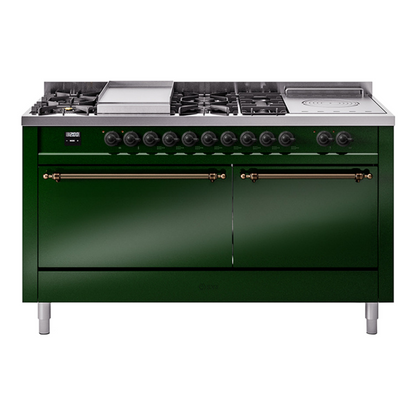 ILVE Nostalgie II 60-Inch Dual Fuel Range with 7 Sealed Burners + Griddle + French Top, 5.8 cu. ft. Oven, Emerald Green with Burnished Trim, Natural Gas, Solid Door, UP60FSQNMPEGB