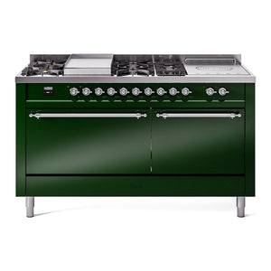 ILVE Nostalgie II 60-Inch Dual Fuel Range with 7 Sealed Burners + Griddle + French Top, 5.8 cu. ft. Oven, Emerald Green with Chrome Trim, Liquid Propane, Solid Door, UP60FSQNMPEGCLP
