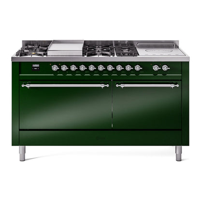 ILVE Nostalgie II 60-Inch Dual Fuel Range with 7 Sealed Burners + Griddle + French Top, 5.8 cu. ft. Oven, Emerald Green with Chrome Trim, Natural Gas, Solid Door, UP60FSQNMPEGC