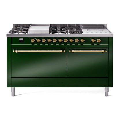 ILVE Nostalgie II 60-Inch Dual Fuel Range with 7 Sealed Burners + Griddle + French Top, 5.8 cu. ft. Oven, Emerald Green with Brass Trim, Liquid Propane, Solid Door, UP60FSQNMPEGGLP