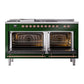 ILVE Nostalgie II 60-Inch Dual Fuel Range with 7 Sealed Burners + Griddle + French Top, 5.8 cu. ft. Oven, Emerald Green with Copper Trim, Natural Gas, Solid Door, UP60FSQNMPEGP
