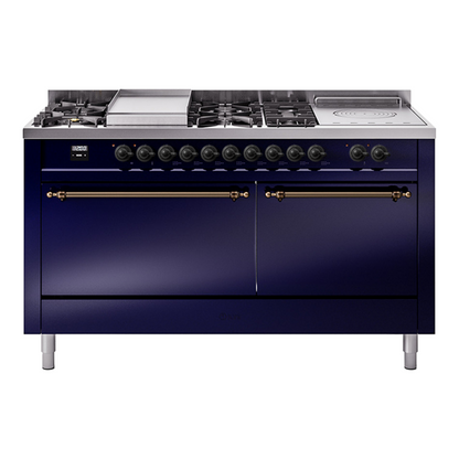ILVE Nostalgie II 60-Inch Dual Fuel Range with 7 Sealed Burners + Griddle + French Top, 5.8 cu. ft. Oven, Midnight Blue with Burnished Trim, Liquid Propane, Solid Door, UP60FSQNMPMBBLP