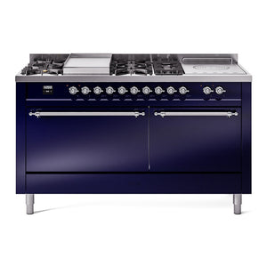 ILVE Nostalgie II 60-Inch Dual Fuel Range with 7 Sealed Burners + Griddle + French Top, 5.8 cu. ft. Oven, Midnight Blue with Chrome Trim, Liquid Propane, Solid Door, UP60FSQNMPMBCLP