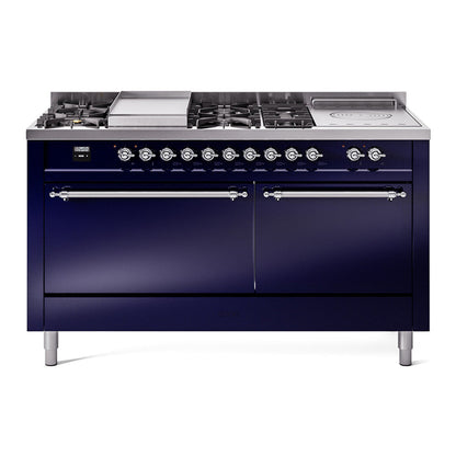 ILVE Nostalgie II 60-Inch Dual Fuel Range with 7 Sealed Burners + Griddle + French Top, 5.8 cu. ft. Oven, Midnight Blue with Chrome Trim, Liquid Propane, Solid Door, UP60FSQNMPMBCLP