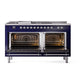 ILVE Nostalgie II 60-Inch Dual Fuel Range with 7 Sealed Burners + Griddle + French Top, 5.8 cu. ft. Oven, Midnight Blue with Chrome Trim, Liquid Propane, Solid Door, UP60FSQNMPMBCLP