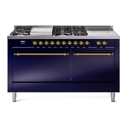 ILVE Nostalgie II 60-Inch Dual Fuel Range with 7 Sealed Burners + Griddle + French Top, 5.8 cu. ft. Oven, Midnight Blue with Brass Trim, Liquid Propane, Solid Door, UP60FSQNMPMBGLP