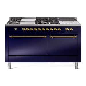 ILVE Nostalgie II 60-Inch Dual Fuel Range with 7 Sealed Burners + Griddle + French Top, 5.8 cu. ft. Oven, Midnight Blue with Brass Trim, Natural Gas, Solid Door, UP60FSQNMPMBG