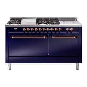 ILVE Nostalgie II 60-Inch Dual Fuel Range with 7 Sealed Burners + Griddle + French Top, 5.8 cu. ft. Oven, Midnight Blue with Copper Trim, Liquid Propane, Solid Door, UP60FSQNMPMBPLP