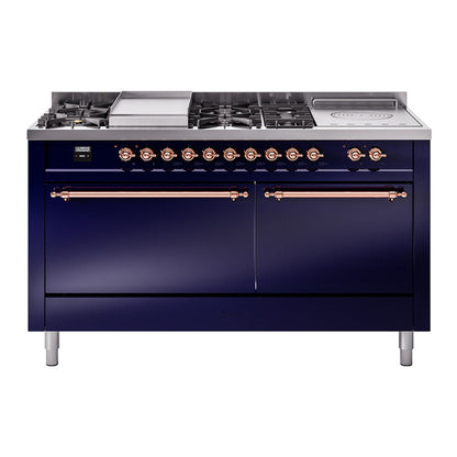 ILVE Nostalgie II 60-Inch Dual Fuel Range with 7 Sealed Burners + Griddle + French Top, 5.8 cu. ft. Oven, Midnight Blue with Copper Trim, Natural Gas, Solid Door, UP60FSQNMPMBP