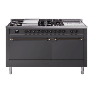 ILVE Nostalgie II 60-Inch Dual Fuel Range with 7 Sealed Burners + Griddle + French Top, 5.8 cu. ft. Oven, Graphite Matte with Burnished Trim, Natural Gas, Solid Door, UP60FSQNMPMGB