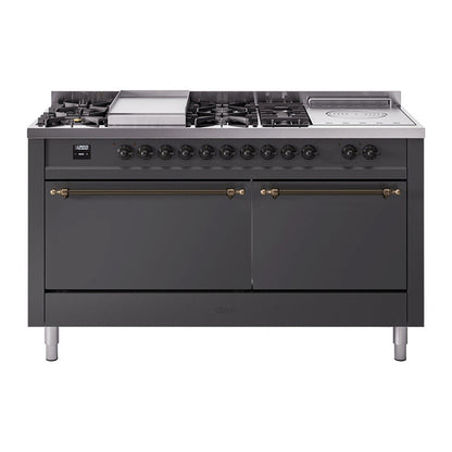 ILVE Nostalgie II 60-Inch Dual Fuel Range with 7 Sealed Burners + Griddle + French Top, 5.8 cu. ft. Oven, Graphite Matte with Burnished Trim, Natural Gas, Solid Door, UP60FSQNMPMGB