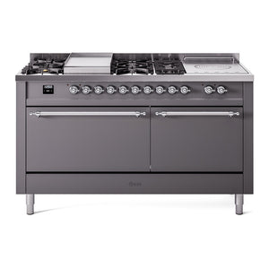 ILVE Nostalgie II 60-Inch Dual Fuel Range with 7 Sealed Burners + Griddle + French Top, 5.8 cu. ft. Oven, Graphite Matte with Chrome Trim, Liquid Propane, Solid Door, UP60FSQNMPMGCLP
