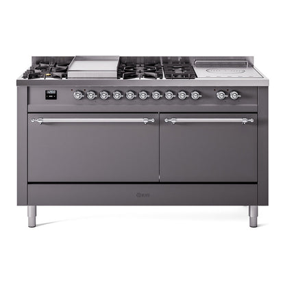 ILVE Nostalgie II 60-Inch Dual Fuel Range with 7 Sealed Burners + Griddle + French Top, 5.8 cu. ft. Oven, Graphite Matte with Chrome Trim, Natural Gas, Solid Door, UP60FSQNMPMGC