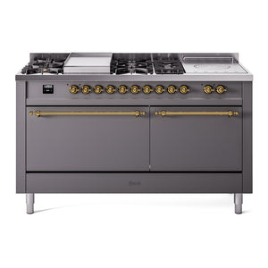 ILVE Nostalgie II 60-Inch Dual Fuel Range with 7 Sealed Burners + Griddle + French Top, 5.8 cu. ft. Oven, Graphite Matte with Brass Trim, Liquid Propane, Solid Door, UP60FSQNMPMGGLP