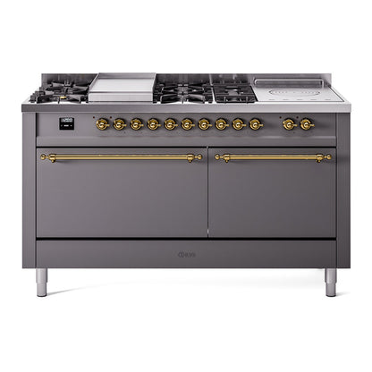 ILVE Nostalgie II 60-Inch Dual Fuel Range with 7 Sealed Burners + Griddle + French Top, 5.8 cu. ft. Oven, Graphite Matte with Brass Trim, Natural Gas, Solid Door, UP60FSQNMPMGG