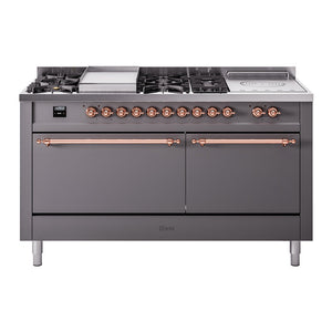 ILVE Nostalgie II 60-Inch Dual Fuel Range with 7 Sealed Burners + Griddle + French Top, 5.8 cu. ft. Oven, Graphite Matte with Copper Trim, Liquid Propane, Solid Door, UP60FSQNMPMGPLP
