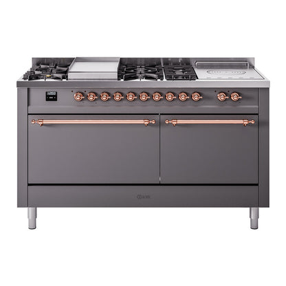 ILVE Nostalgie II 60-Inch Dual Fuel Range with 7 Sealed Burners + Griddle + French Top, 5.8 cu. ft. Oven, Graphite Matte with Copper Trim, Liquid Propane, Solid Door, UP60FSQNMPMGPLP