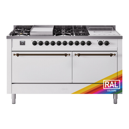 ILVE Nostalgie II 60-Inch Dual Fuel Range with 7 Sealed Burners + Griddle + French Top, 5.8 cu. ft. Oven, RAL with Burnished Trim, Liquid Propane, Solid Door, UP60FSQNMPRABLP