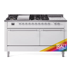 ILVE Nostalgie II 60-Inch Dual Fuel Range with 7 Sealed Burners + Griddle + French Top, 5.8 cu. ft. Oven, RAL with Chrome Trim, Natural Gas, Solid Door, UP60FSQNMPRAC