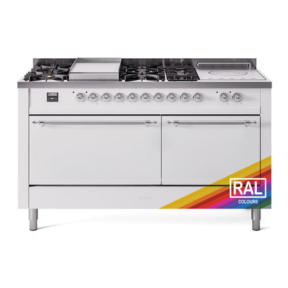 ILVE Nostalgie II 60-Inch Dual Fuel Range with 7 Sealed Burners + Griddle + French Top, 5.8 cu. ft. Oven, RAL with Chrome Trim, Natural Gas, Solid Door, UP60FSQNMPRAC