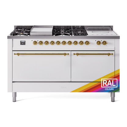 ILVE Nostalgie II 60-Inch Dual Fuel Range with 7 Sealed Burners + Griddle + French Top, 5.8 cu. ft. Oven, RAL with Brass Trim, Natural Gas, Solid Door, UP60FSQNMPRAG