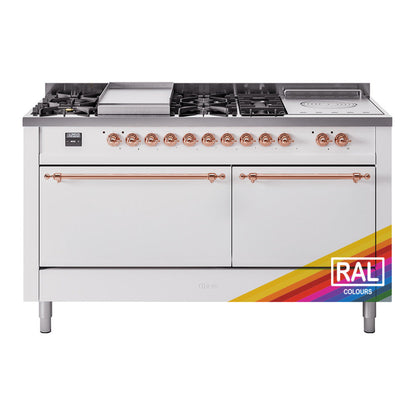 ILVE Nostalgie II 60-Inch Dual Fuel Range with 7 Sealed Burners + Griddle + French Top, 5.8 cu. ft. Oven, RAL with Copper Trim, Natural Gas, Solid Door, UP60FSQNMPRAP