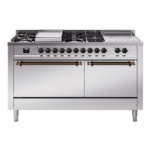 ILVE Nostalgie II 60-Inch Dual Fuel Range with 7 Sealed Burners + Griddle + French Top, 5.8 cu. ft. Oven, Stainless Steel with Burnished Trim, Liquid Propane, Solid Door, UP60FSQNMPSSBLP