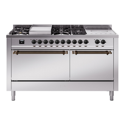 ILVE Nostalgie II 60-Inch Dual Fuel Range with 7 Sealed Burners + Griddle + French Top, 5.8 cu. ft. Oven, Stainless Steel with Burnished Trim, Liquid Propane, Solid Door, UP60FSQNMPSSBLP