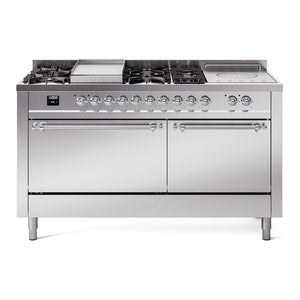 ILVE Nostalgie II 60-Inch Dual Fuel Range with 7 Sealed Burners + Griddle + French Top, 5.8 cu. ft. Oven, Stainless Steel with Chrome Trim, Liquid Propane, Solid Door, UP60FSQNMPSSCLP