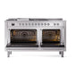 ILVE Nostalgie II 60-Inch Dual Fuel Range with 7 Sealed Burners + Griddle + French Top, 5.8 cu. ft. Oven, Stainless Steel with Chrome Trim, Natural Gas, Solid Door, UP60FSQNMPSSC