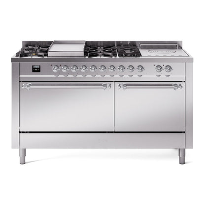 ILVE Nostalgie II 60-Inch Dual Fuel Range with 7 Sealed Burners + Griddle + French Top, 5.8 cu. ft. Oven, Stainless Steel with Chrome Trim, Natural Gas, Solid Door, UP60FSQNMPSSC