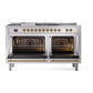 ILVE Nostalgie II 60-Inch Dual Fuel Range with 7 Sealed Burners + Griddle + French Top, 5.8 cu. ft. Oven, Stainless Steel with Brass Trim, Liquid Propane, Solid Door, UP60FSQNMPSSGLP