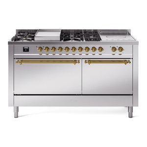 ILVE Nostalgie II 60-Inch Dual Fuel Range with 7 Sealed Burners + Griddle + French Top, 5.8 cu. ft. Oven, Stainless Steel with Brass Trim, Liquid Propane, Solid Door, UP60FSQNMPSSGLP