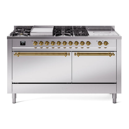 ILVE Nostalgie II 60-Inch Dual Fuel Range with 7 Sealed Burners + Griddle + French Top, 5.8 cu. ft. Oven, Stainless Steel with Brass Trim, Liquid Propane, Solid Door, UP60FSQNMPSSGLP