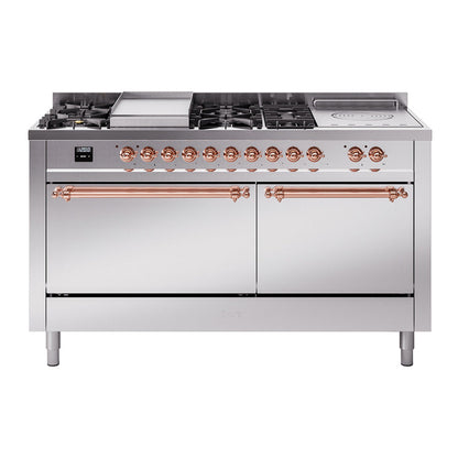 ILVE Nostalgie II 60-Inch Dual Fuel Range with 7 Sealed Burners + Griddle + French Top, 5.8 cu. ft. Oven, Stainless Steel with Copper Trim, Liquid Propane, Solid Door, UP60FSQNMPSSPLP