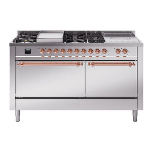 ILVE Nostalgie II 60-Inch Dual Fuel Range with 7 Sealed Burners + Griddle + French Top, 5.8 cu. ft. Oven, Stainless Steel with Copper Trim, Natural Gas, Solid Door, UP60FSQNMPSSP
