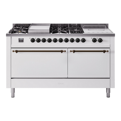 ILVE Nostalgie II 60-Inch Dual Fuel Range with 7 Sealed Burners + Griddle + French Top, 5.8 cu. ft. Oven, White with Burnished Trim, Liquid Propane, Solid Door, UP60FSQNMPWHBLP