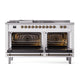 ILVE Nostalgie II 60-Inch Dual Fuel Range with 7 Sealed Burners + Griddle + French Top, 5.8 cu. ft. Oven, White with Burnished Trim, Liquid Propane, Solid Door, UP60FSQNMPWHBLP
